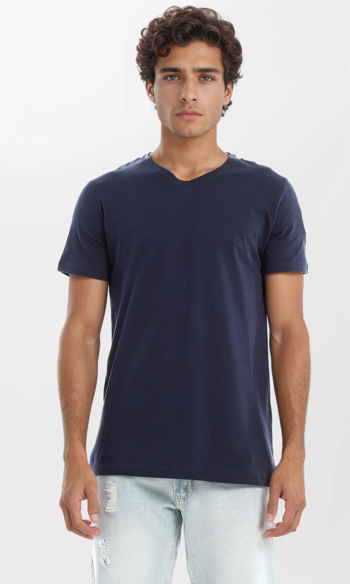 98802 Solid V-Neck Basic Navy Blue T-Shirt