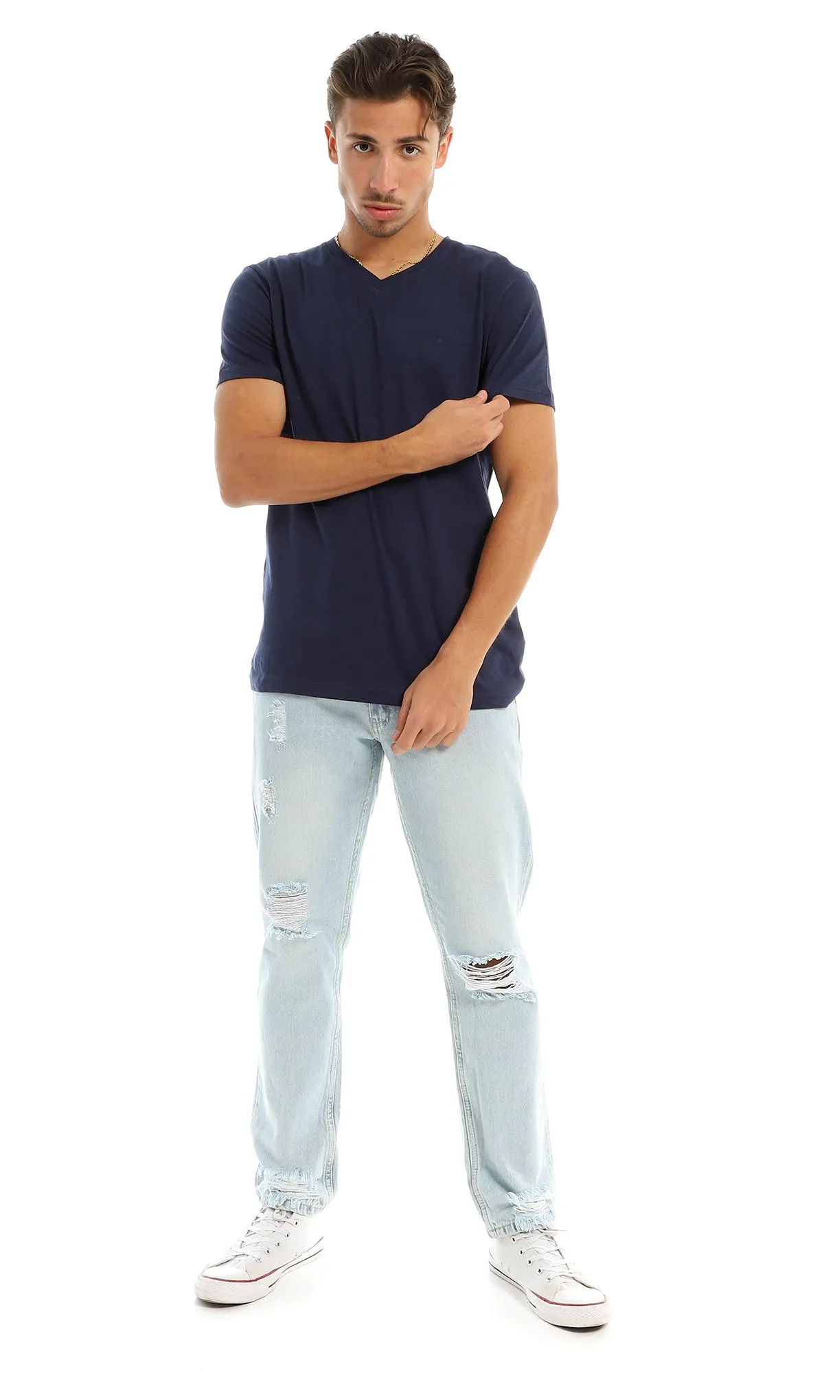 98802 Solid V-Neck Basic Navy Blue T-Shirt