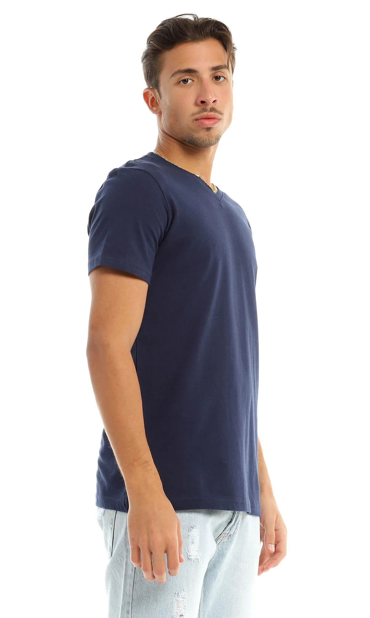 98802 Solid V-Neck Basic Navy Blue T-Shirt