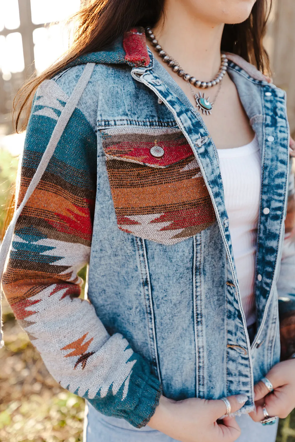 Aztec Print Frayed Hem Denim Jacket