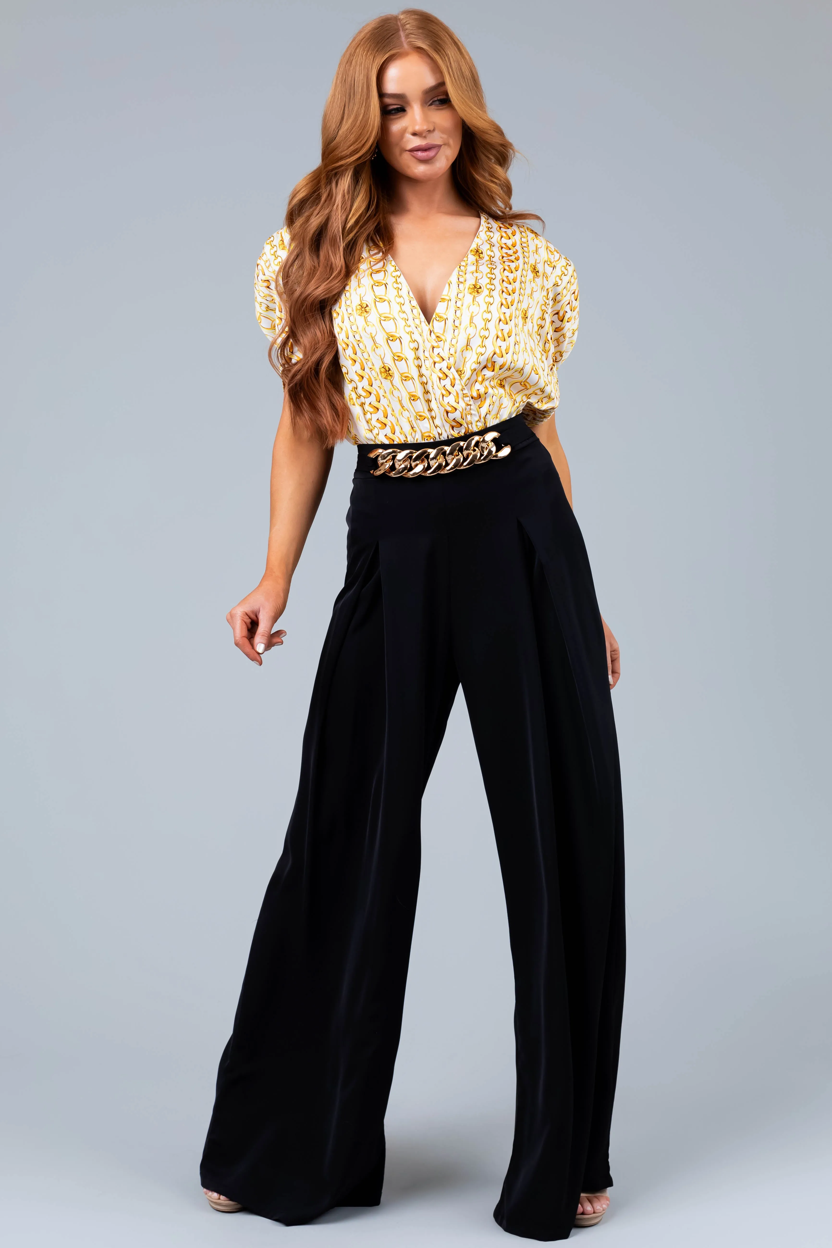 Black Flowy Wide Leg Gold Chain Pants