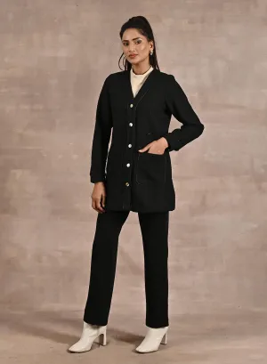 Black Long Sleeve Textured Jacket with Metallic Buttons