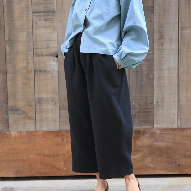 Black Women Casual Linen Wide Leg Pants Z98406