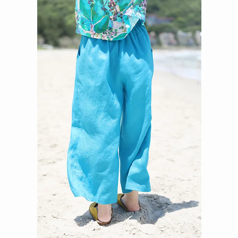 Blue Linen Summer Autumn Women Casual Pants with Pockets SMM97226