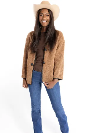 Brown Sherpa Jacket with Leather Button Closures