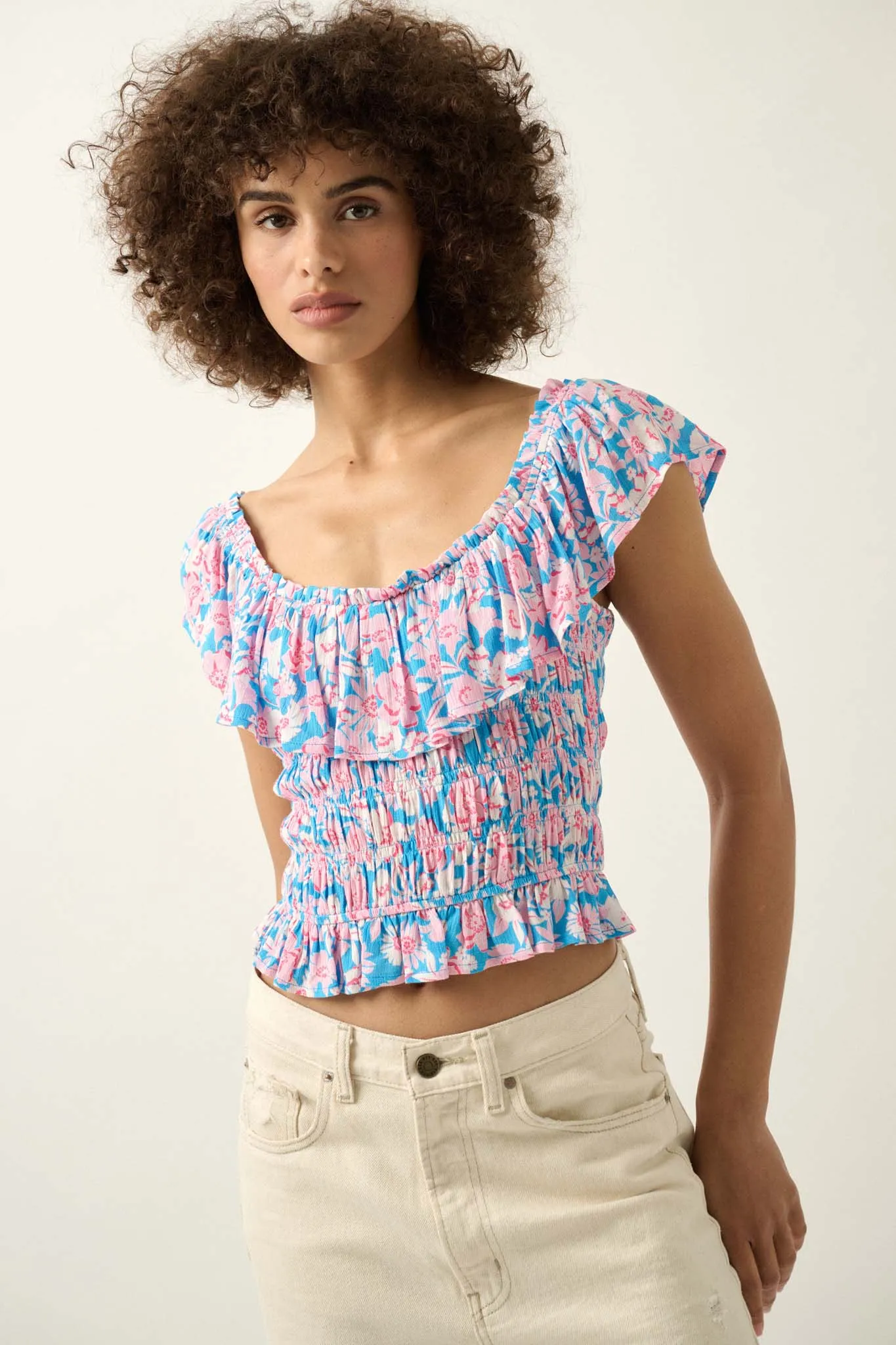 Cannes Coastline Floral Crepe Ruffle Blouse