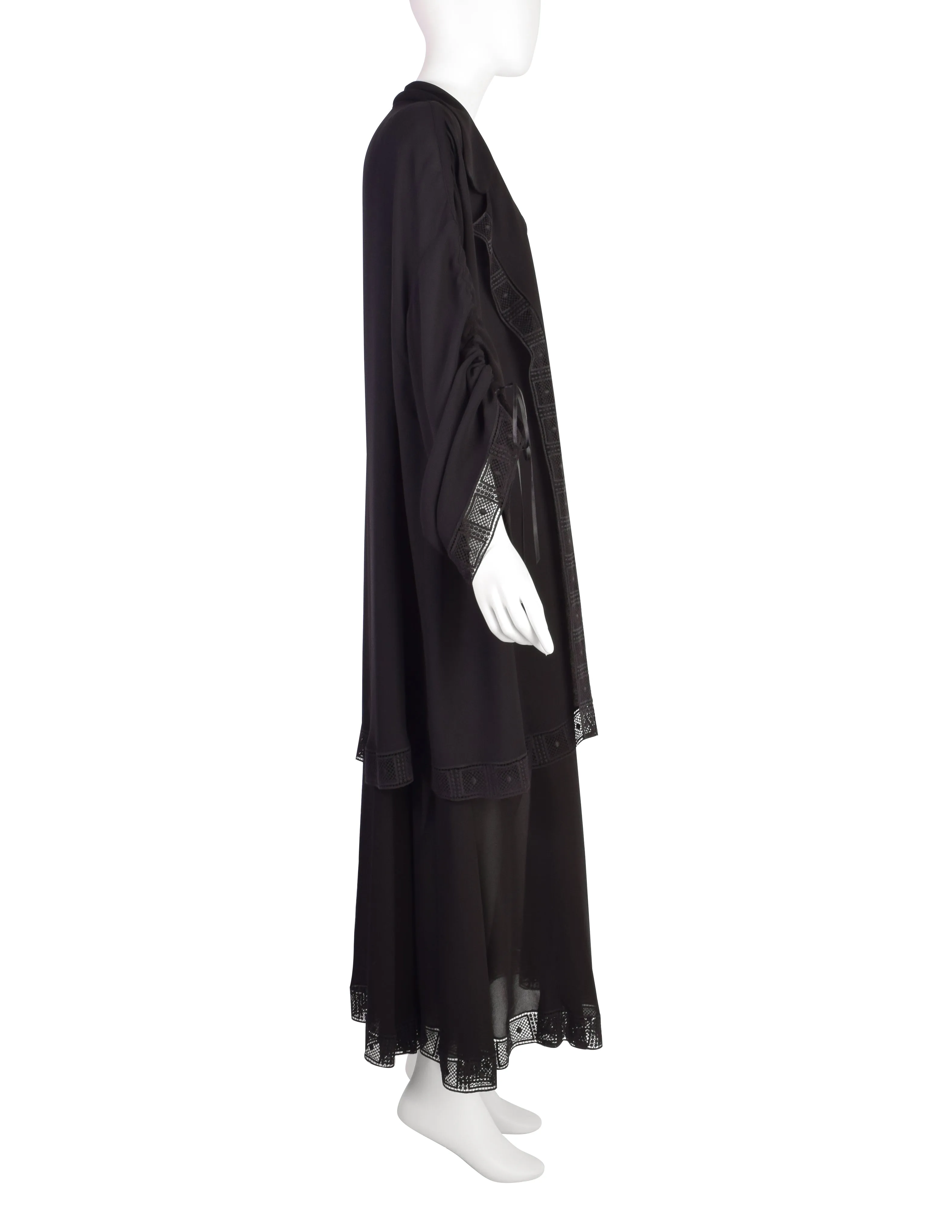 Chloe Vintage SS 1993 by Karl Lagerfeld Black Sheer Lace Trim Dress and Duster Ensemble