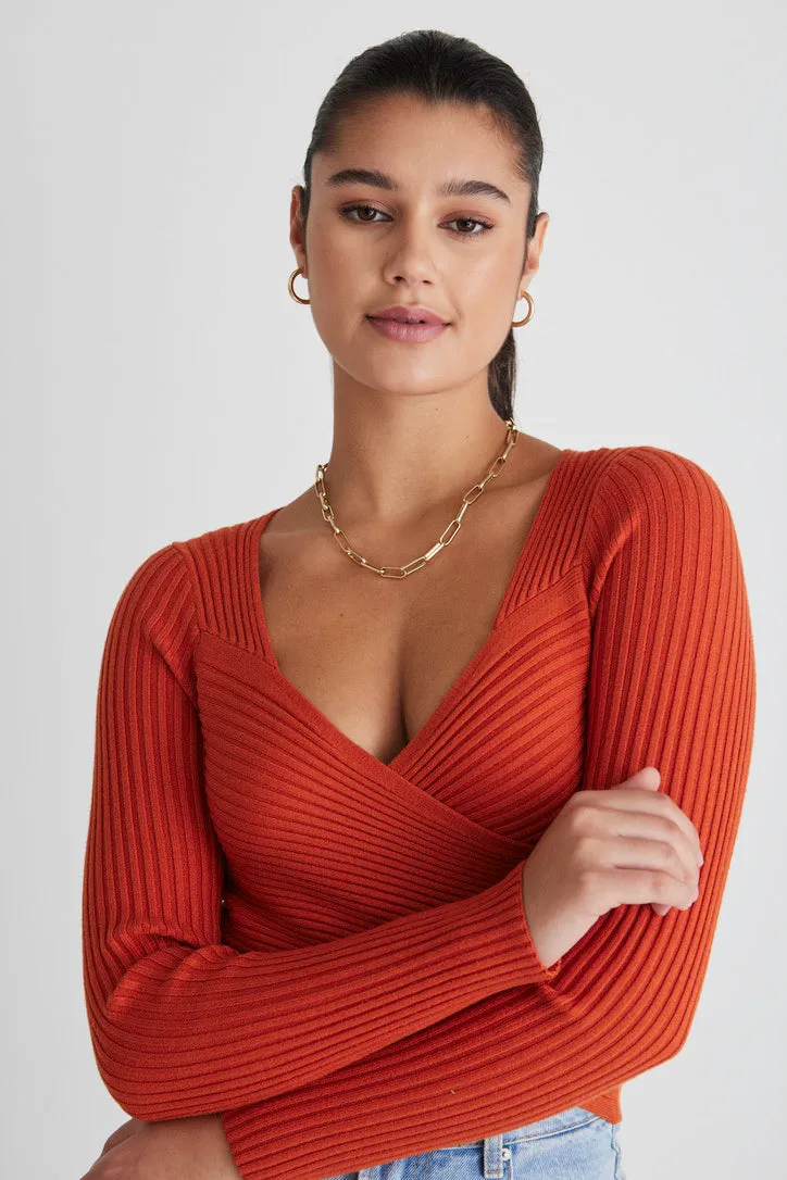 Criss-Cross Orange Wrap Rib Knit Top