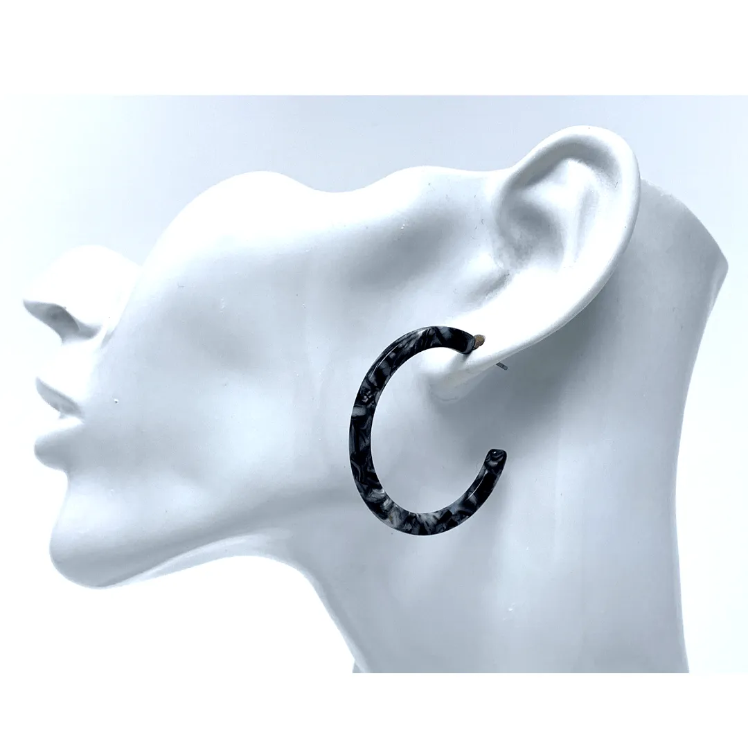 Dark Gray Marbled Resin Hoop Earrings