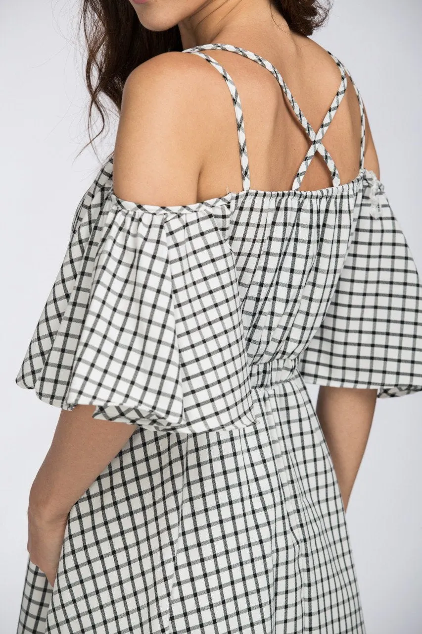 Deema Al Asadi - Window Plaid Off the Shoulder Midi Dress