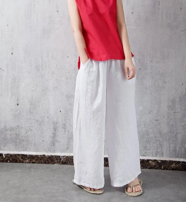 Elastic Waist Belt Linen Wide Leg Thin Women Casual Pants YM97235