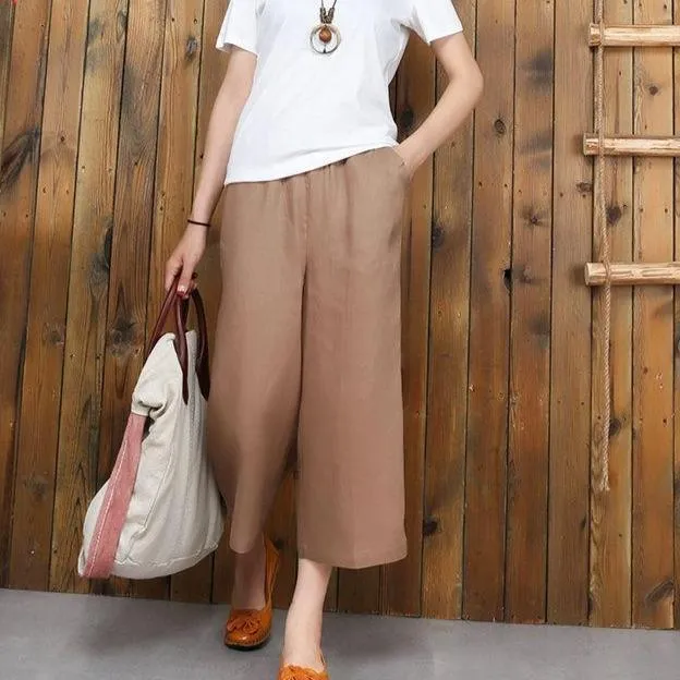 FashionSierra - Women's linen cropped palazzo pants wide leg summer causal pants