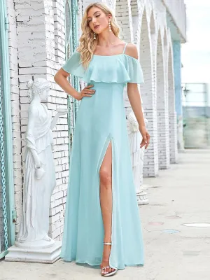 Flattering Chiffon Spaghetti Straps Lotus Leaf Sleeveless Bridesmaid Dress