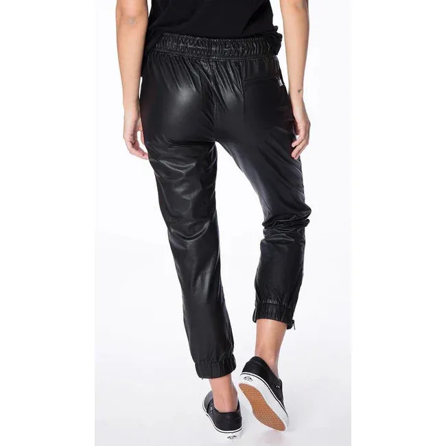 Flexible Waistband Women's Plain Black Leather Trousers