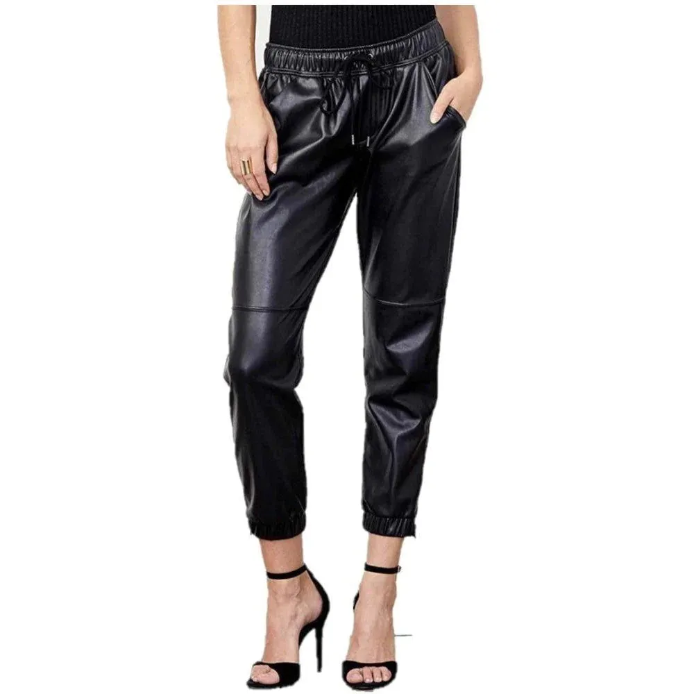 Flexible Waistband Women's Plain Black Leather Trousers