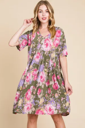 Flower Print V-Neck Ruched Dress