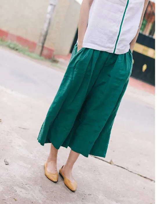 Green Linen Wide Leg Women Casual Pants SJ97235