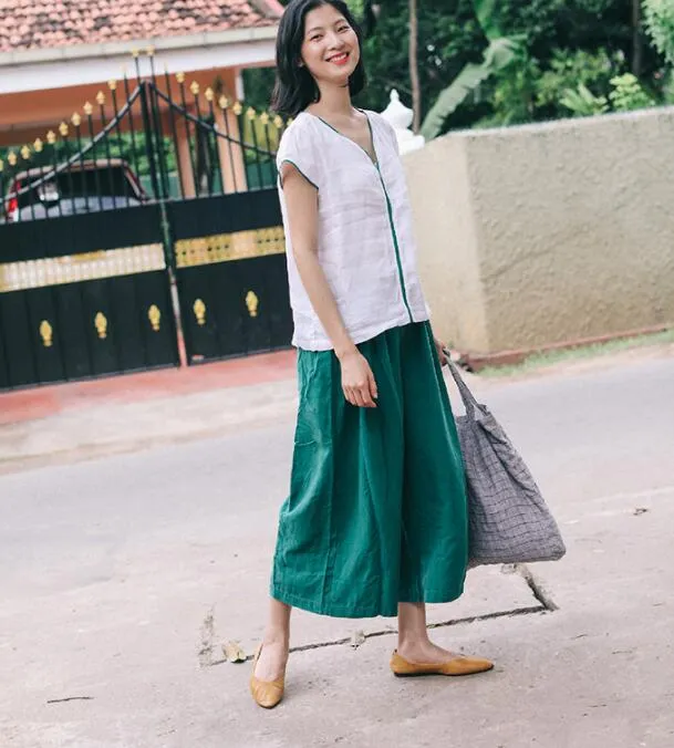 Green Linen Wide Leg Women Casual Pants SJ97235