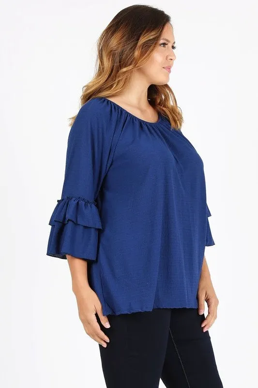 HI Curvy Plus Size Women Knit 3/4 Sleeve Double Layer Ruffle Sleeve Top