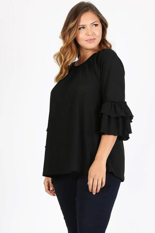 HI Curvy Plus Size Women Knit 3/4 Sleeve Double Layer Ruffle Sleeve Top