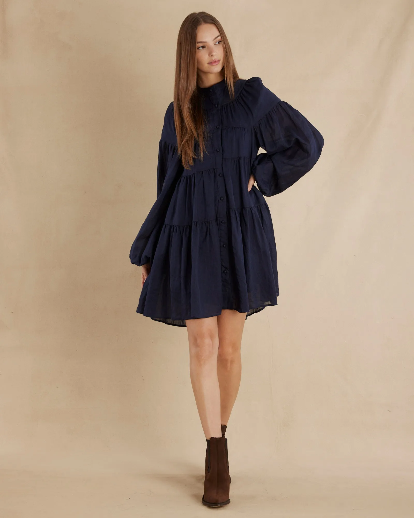 Isabelle Ramie Tiered Mini Dress - Navy