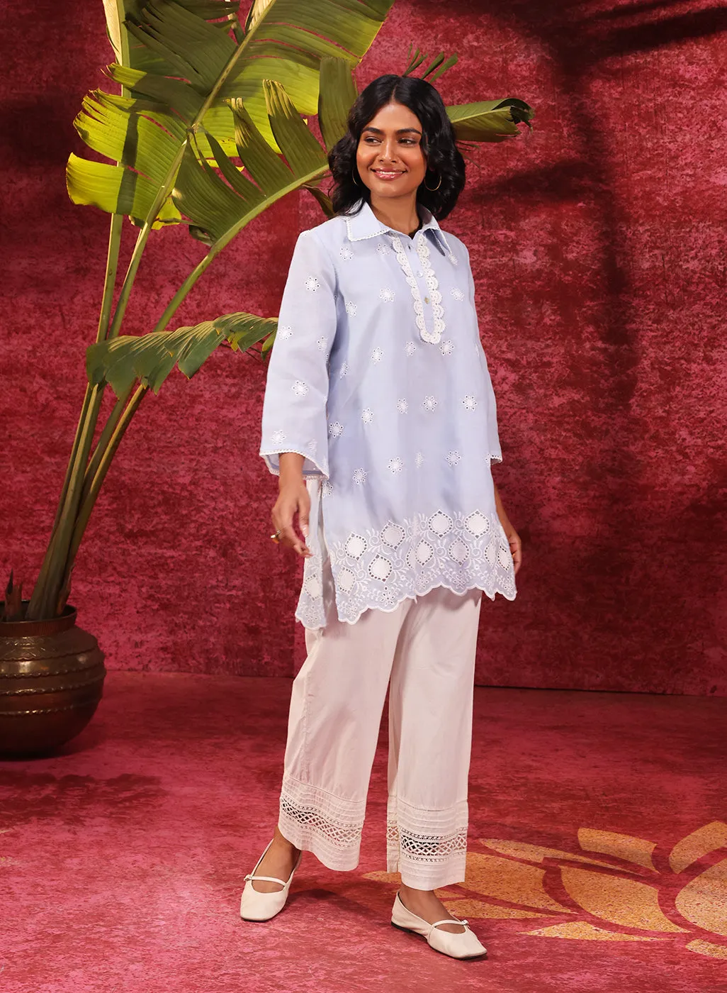 Kashni Blue Embroidered Schiffli Top for
Women