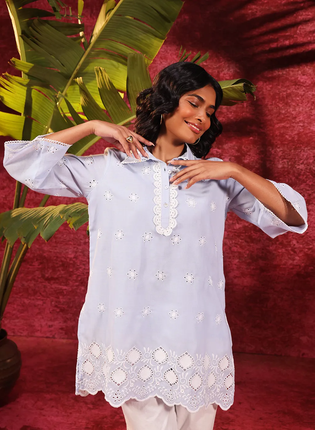 Kashni Blue Embroidered Schiffli Top for
Women