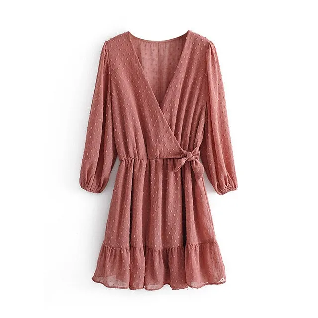 Lace Chiffon Three Quarter Sleeve Boho Mini Dress