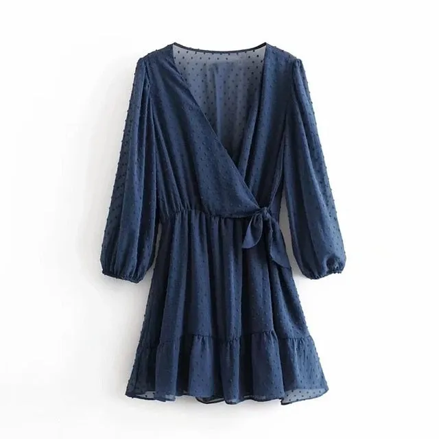 Lace Chiffon Three Quarter Sleeve Boho Mini Dress