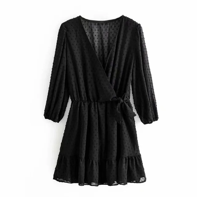 Lace Chiffon Three Quarter Sleeve Boho Mini Dress