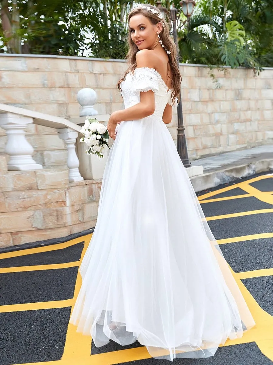 Lace Off-Shoulder Short-Sleeve A-Line Wedding Dress