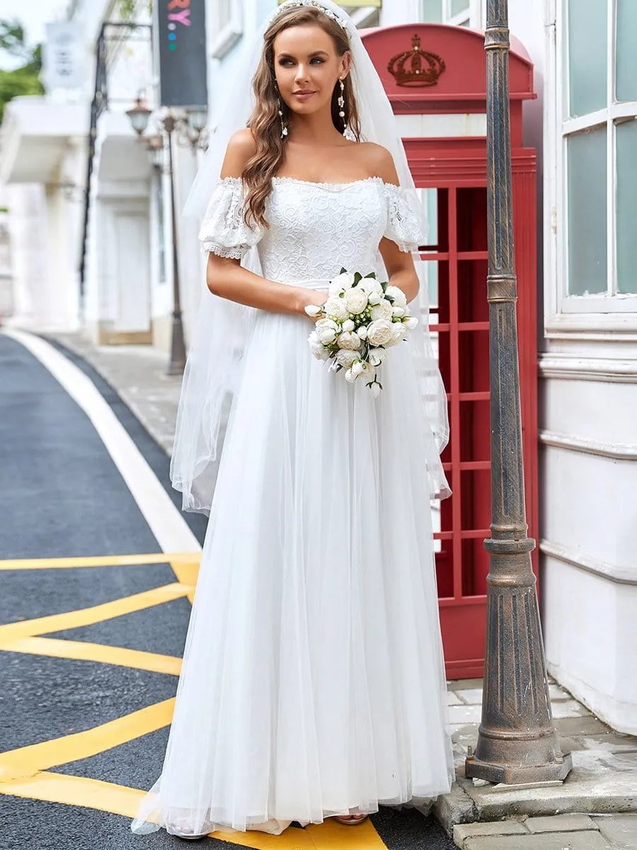 Lace Off-Shoulder Short-Sleeve A-Line Wedding Dress