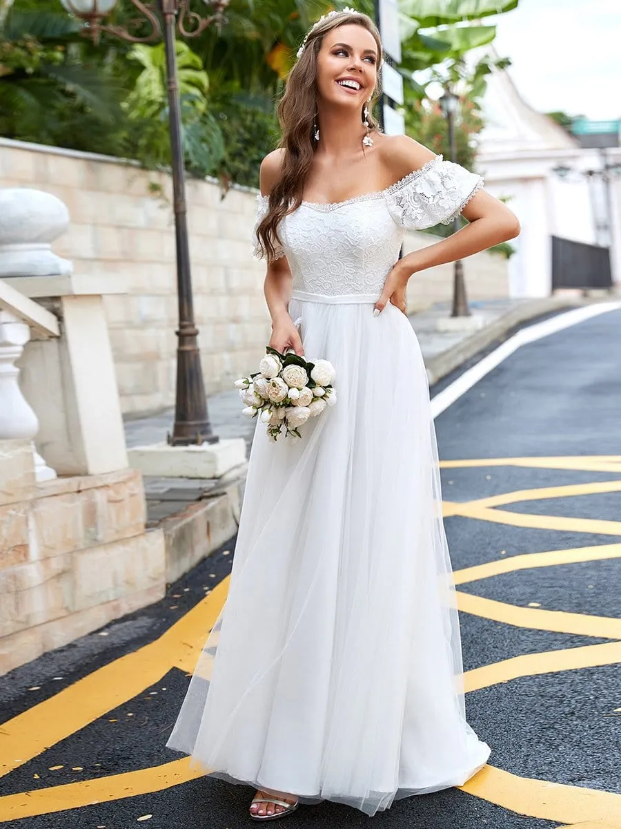 Lace Off-Shoulder Short-Sleeve A-Line Wedding Dress