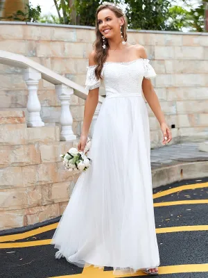 Lace Off-Shoulder Short-Sleeve A-Line Wedding Dress