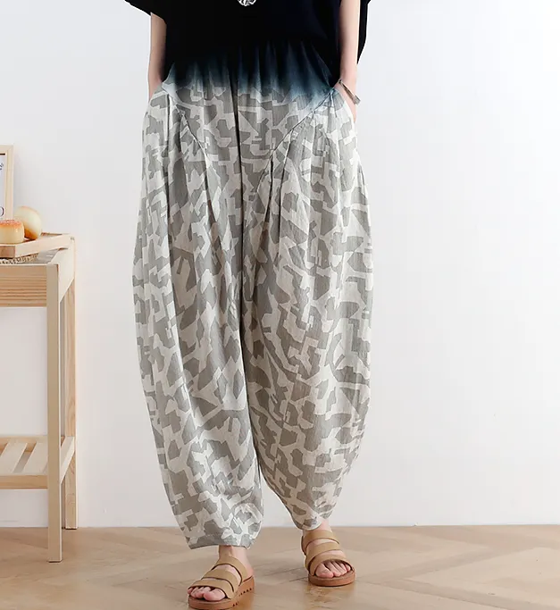 Loose large tie dye pleats Linen Wide Leg Women Casual Pants AMT05131