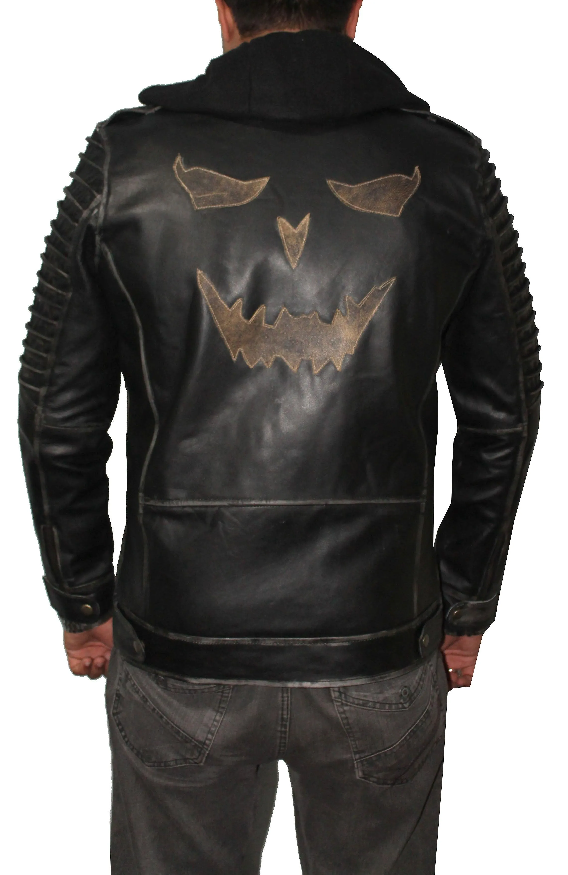 Men Hooded Distressed Ghost Leather Jacket - Black