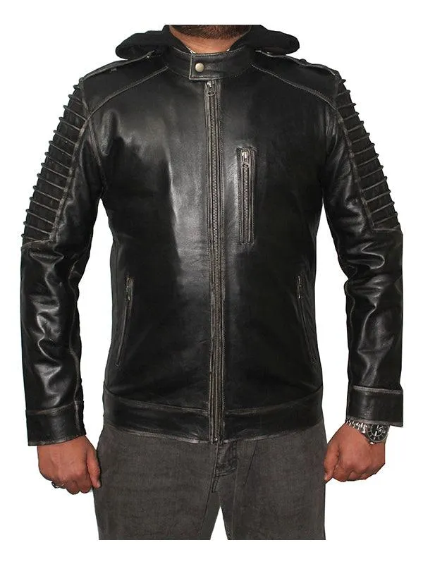 Men Hooded Distressed Ghost Leather Jacket - Black