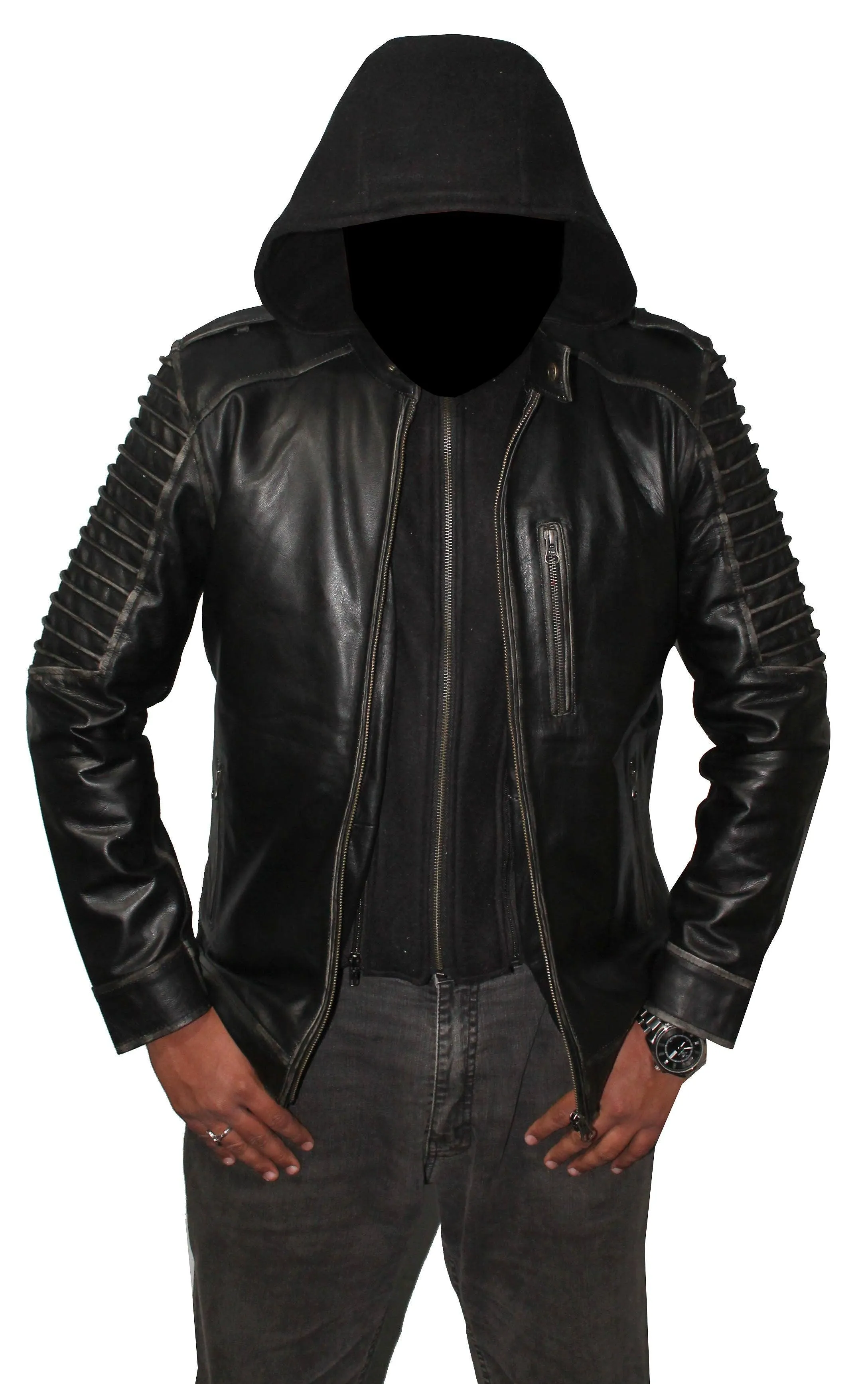 Men Hooded Distressed Ghost Leather Jacket - Black