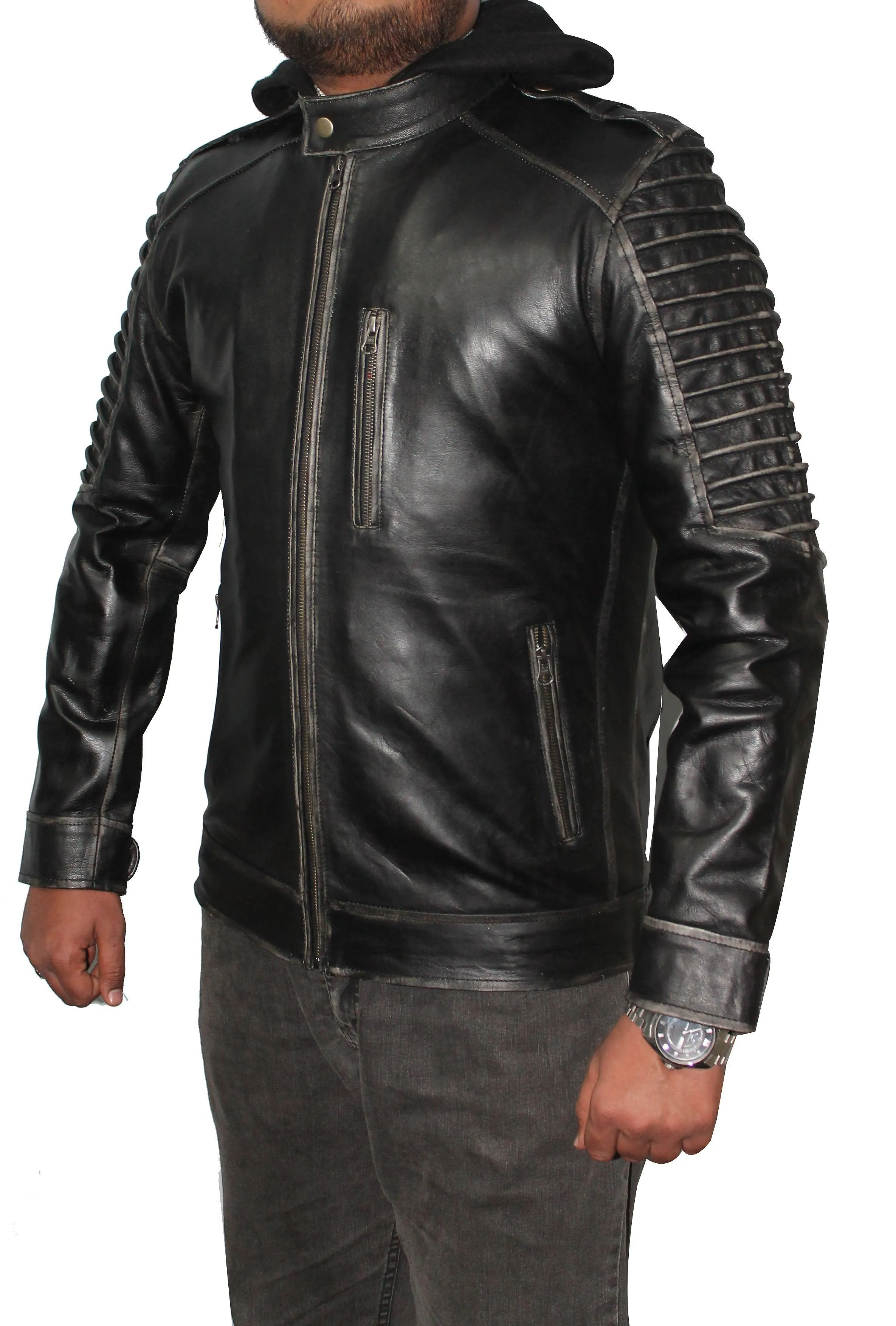 Men Hooded Distressed Ghost Leather Jacket - Black