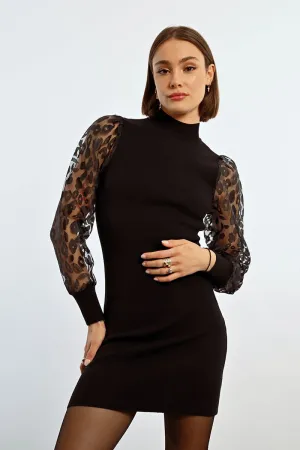 Black Jersey Dress with Sheer Animal Print Sleeves by Molly Bracken