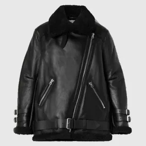 New Style Black RAF B3 Trimmed Sheepskin Shearling Leather Biker Jacket