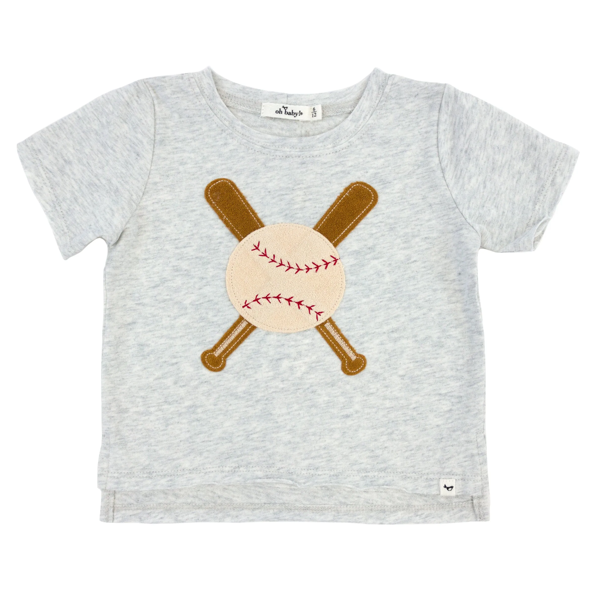 oh baby! Raw Edge Short Sleeve Cotton Slub Tee - Vintage Baseball Applique - Heather Gray