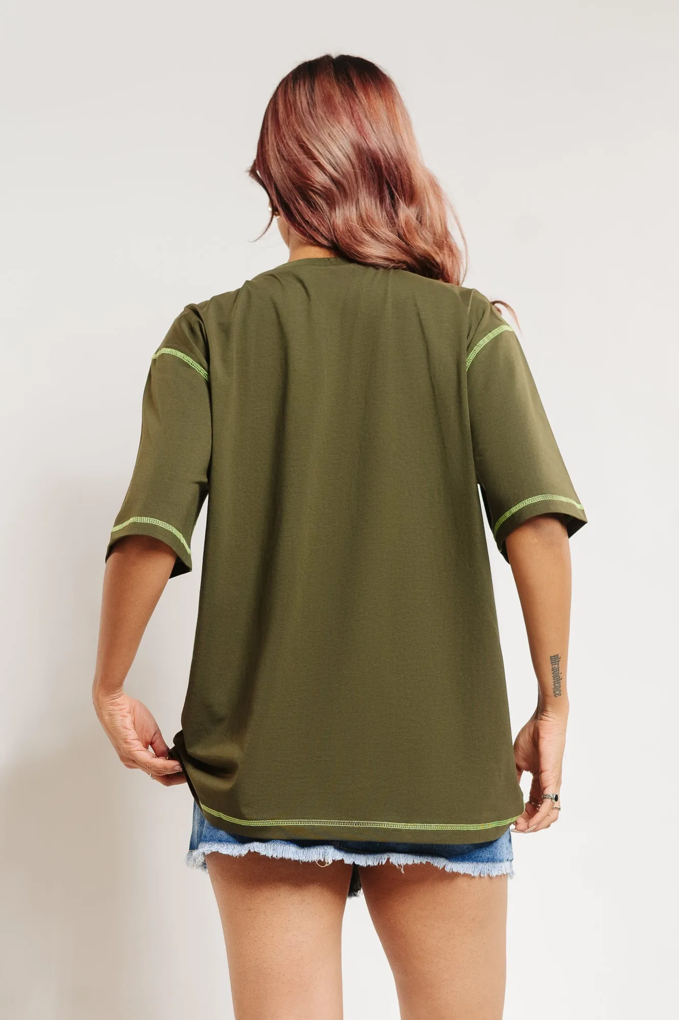 Olive Topstitched Oversized Tees