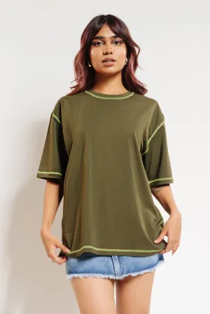 Olive Topstitched Oversized Tees