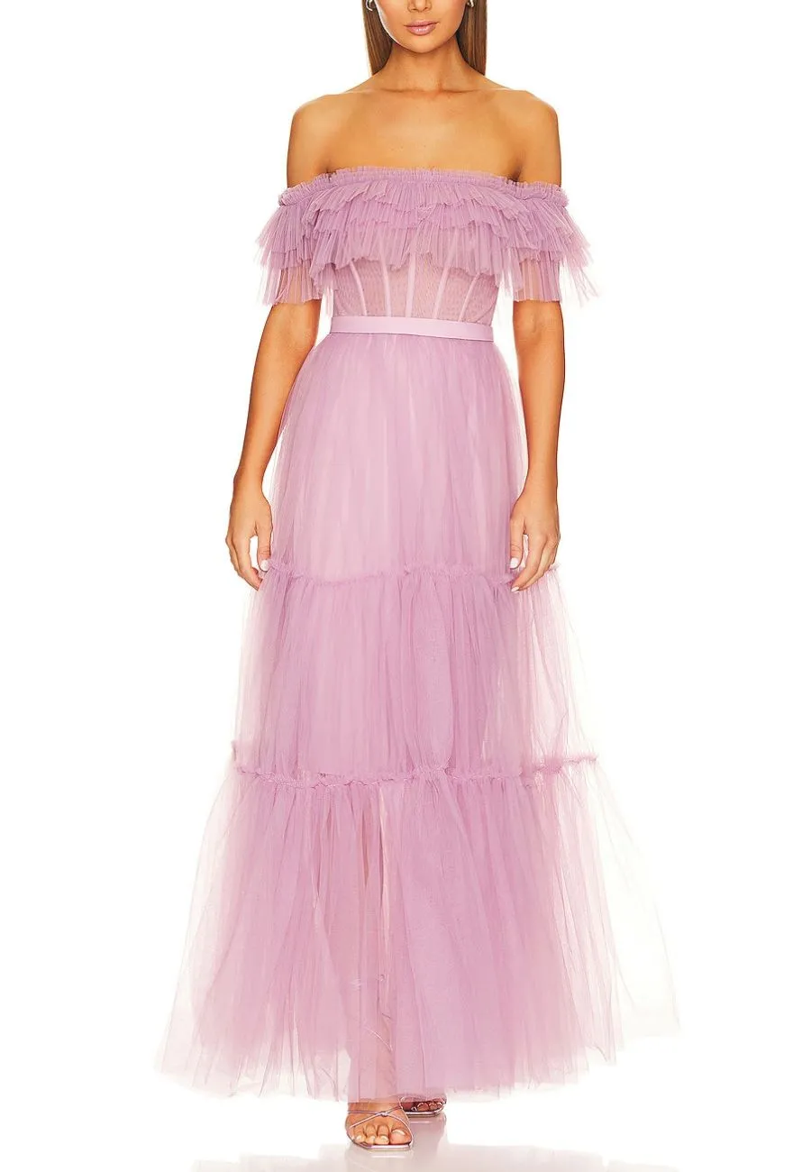 Pink Off Shoulder Tiered Gown