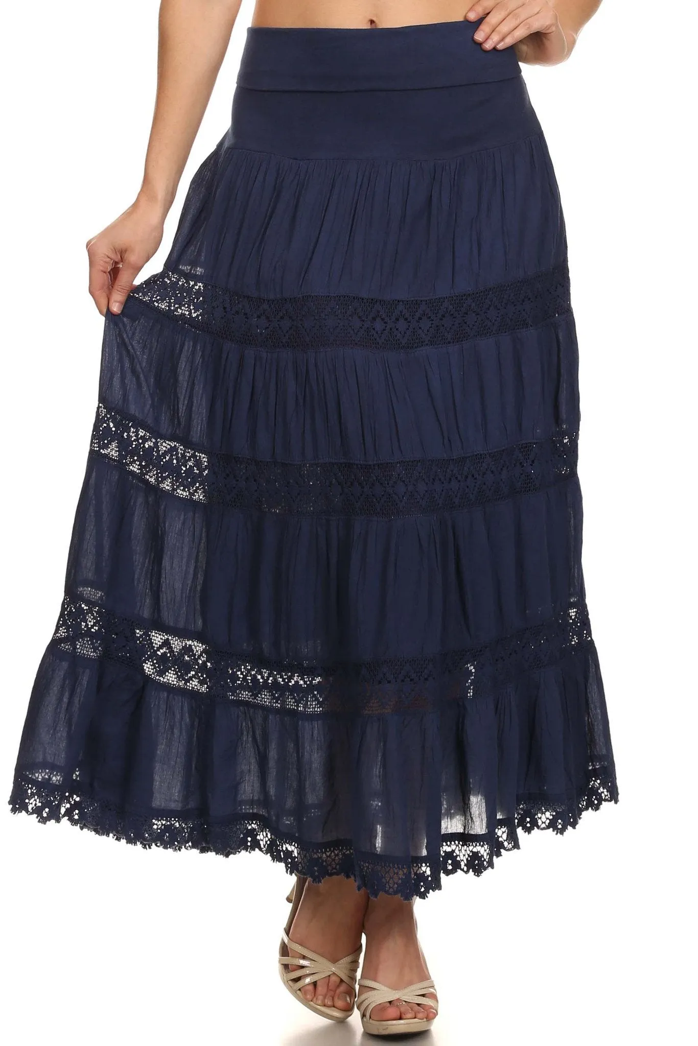 Sakkas Cassie Crochet Lace Trim Long Skirt With Fold-Over High Waistband