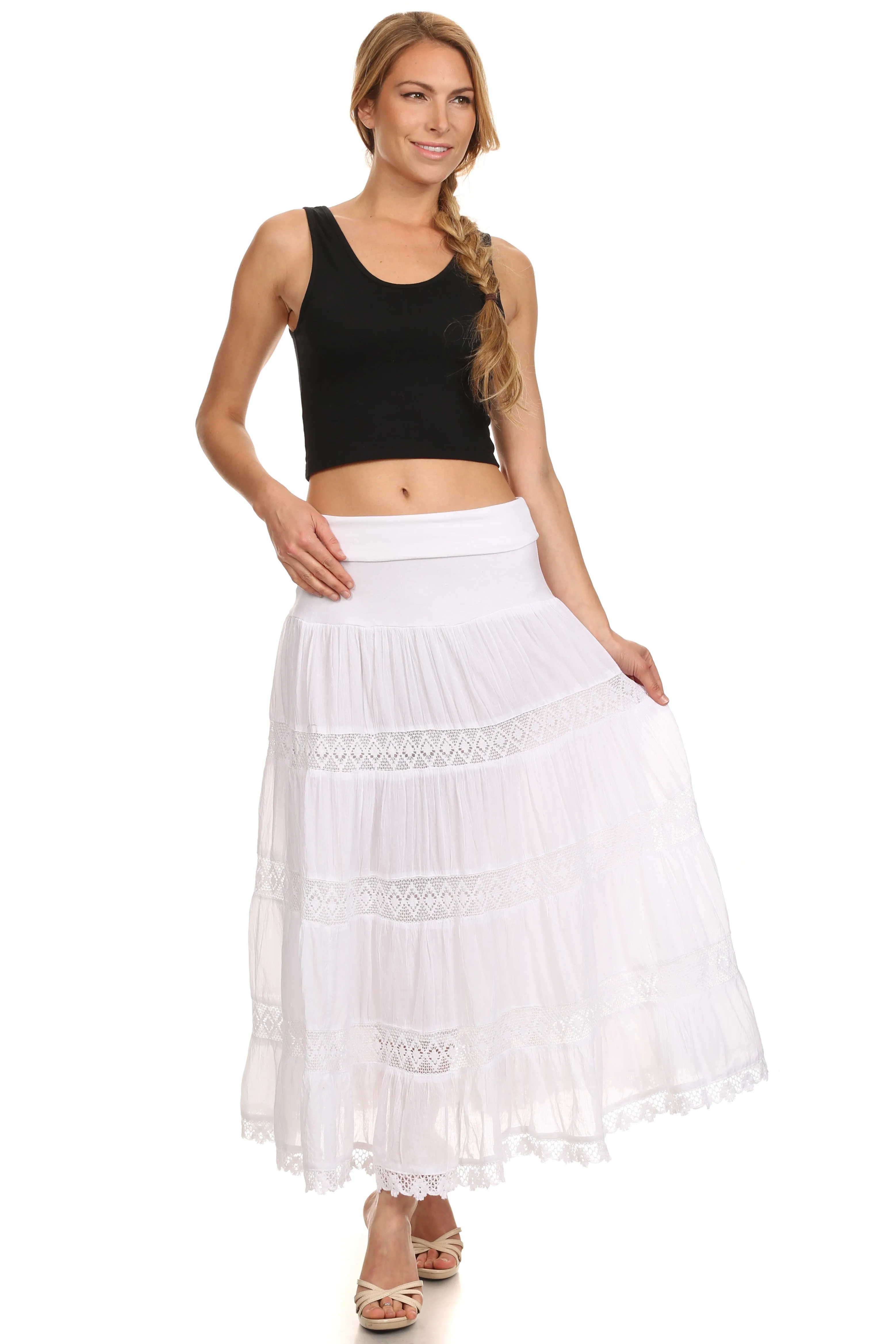 Sakkas Cassie Crochet Lace Trim Long Skirt With Fold-Over High Waistband