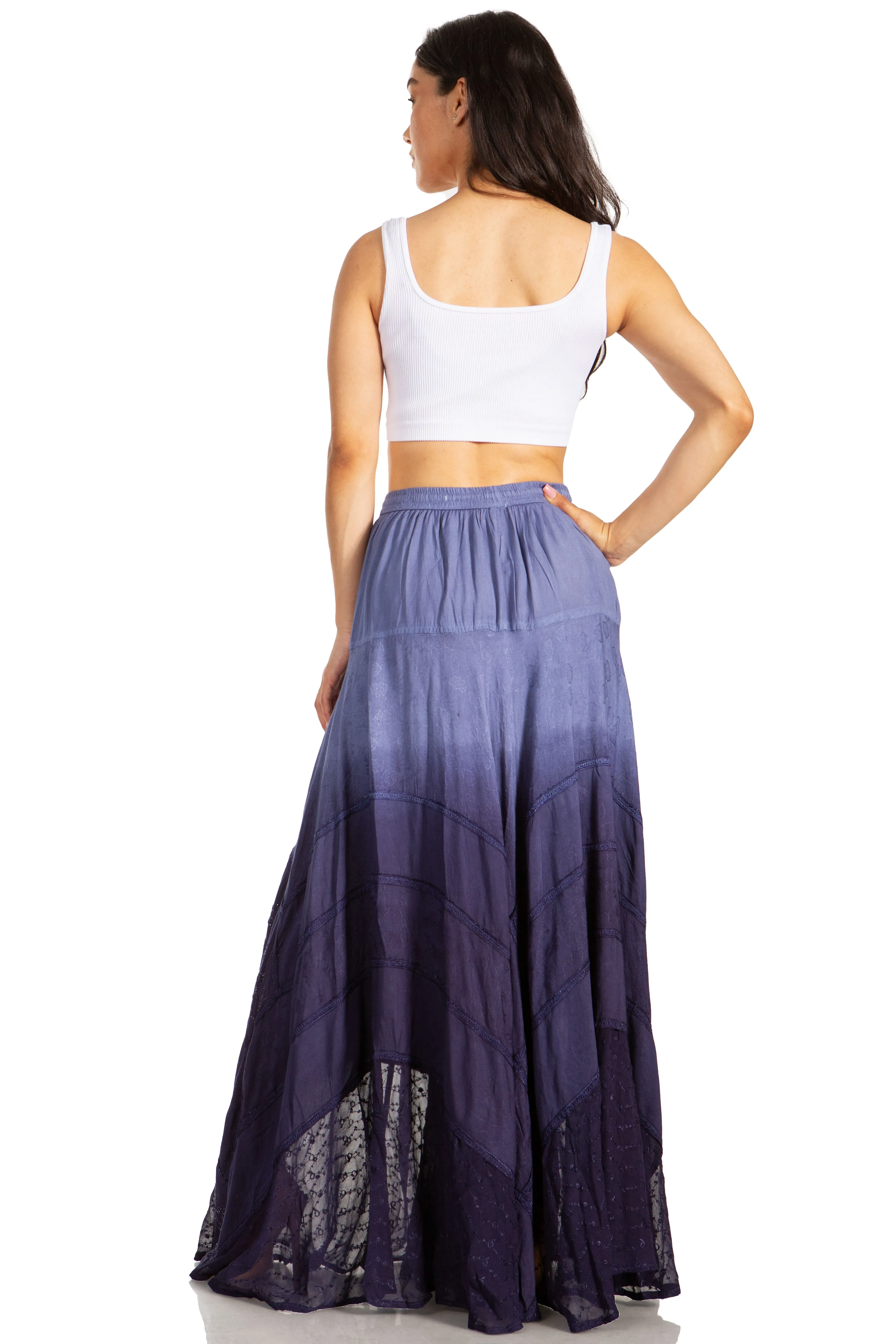 Sakkas Lyra Womens Bohemian Soft Brocade Rayon Tiered Embroidered Flowy Long Skirt