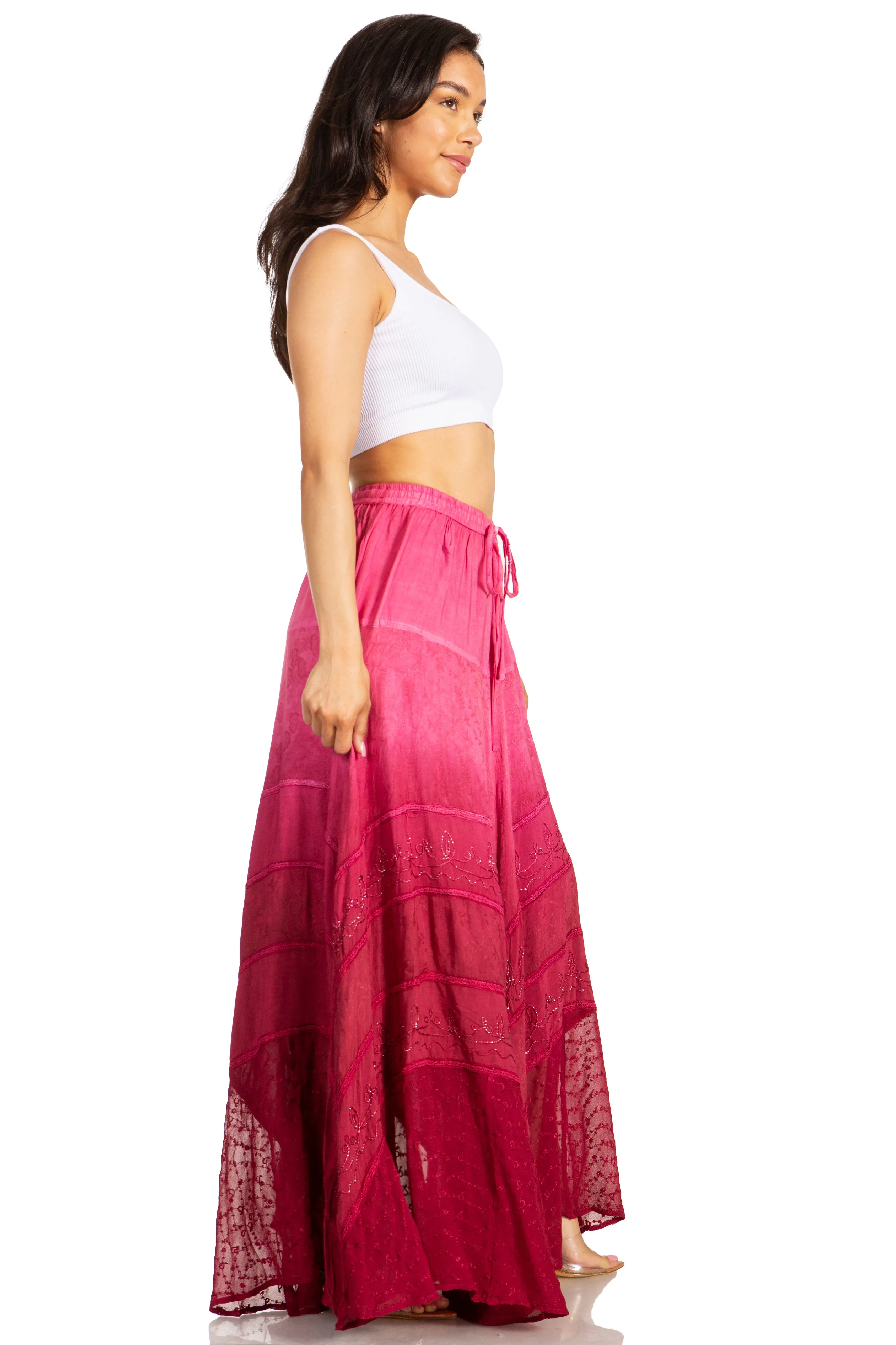 Sakkas Lyra Womens Bohemian Soft Brocade Rayon Tiered Embroidered Flowy Long Skirt