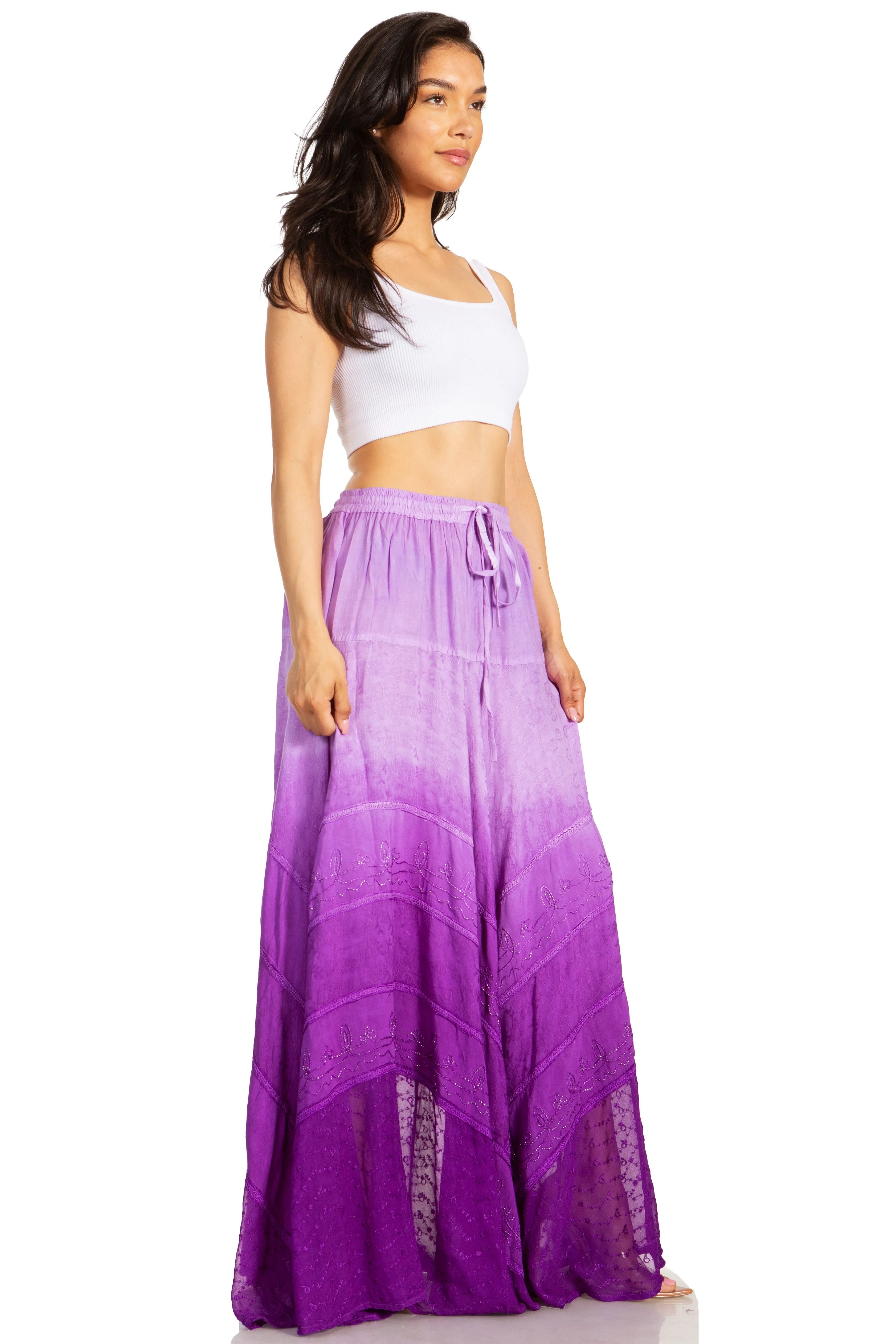 Sakkas Lyra Womens Bohemian Soft Brocade Rayon Tiered Embroidered Flowy Long Skirt